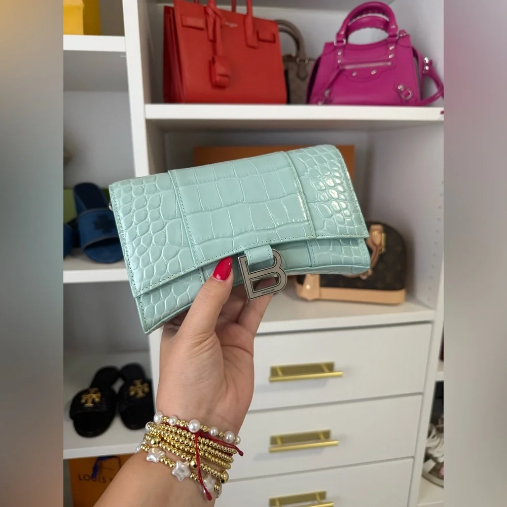 Balenciaga Hourglass Wallet On Chain Croc Acqua